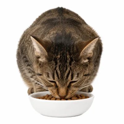Gato comiendo pienso de un cuenco