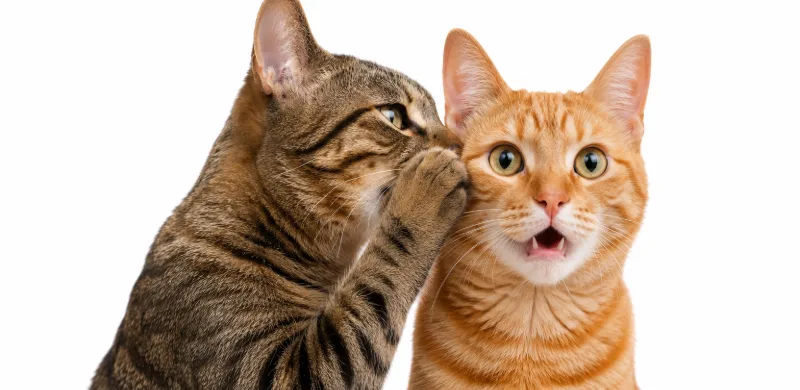 Un gato susurrando al oído de otro gato sorprendido